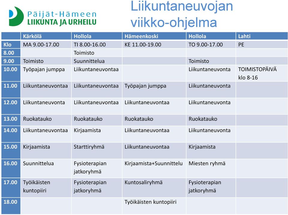 00 Liikuntaneuvonta Liikuntaneuvontaa Liikuntaneuvontaa Liikuntaneuvonta 13.00 Ruokatauko Ruokatauko Ruokatauko Ruokatauko 14.00 Liikuntaneuvontaa Kirjaamista Liikuntaneuvontaa Liikuntaneuvonta 15.