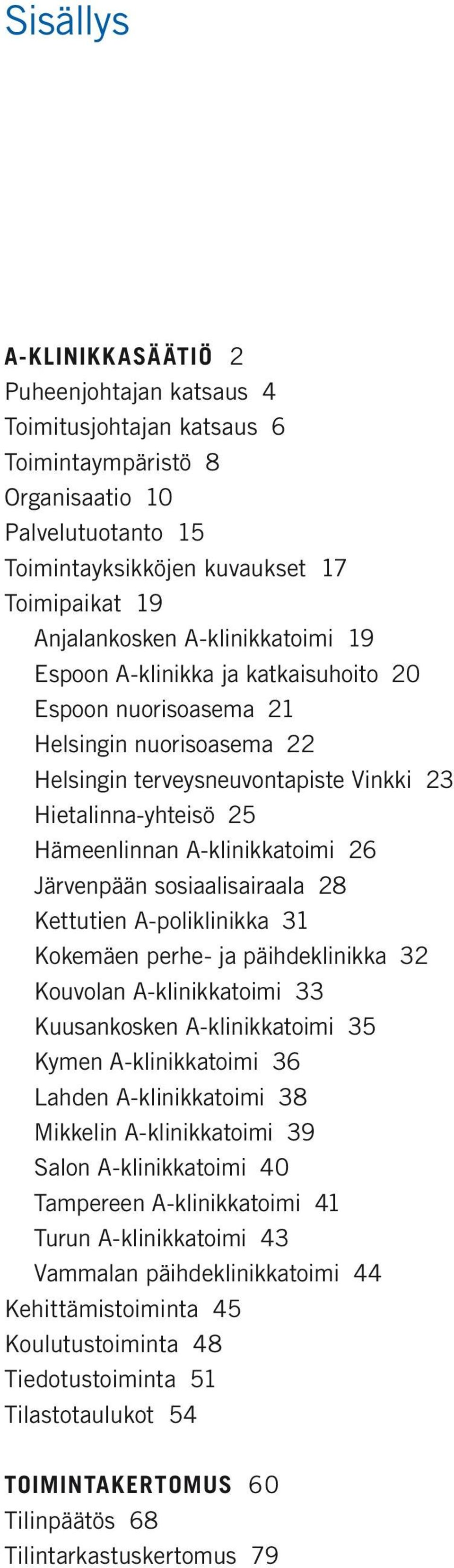 26 Järvenpään sosiaalisairaala 28 Kettutien A-poliklinikka 31 Kokemäen perhe- ja päihdeklinikka 32 Kouvolan A-klinikkatoimi 33 Kuusankosken A-klinikkatoimi 35 Kymen A-klinikkatoimi 36 Lahden