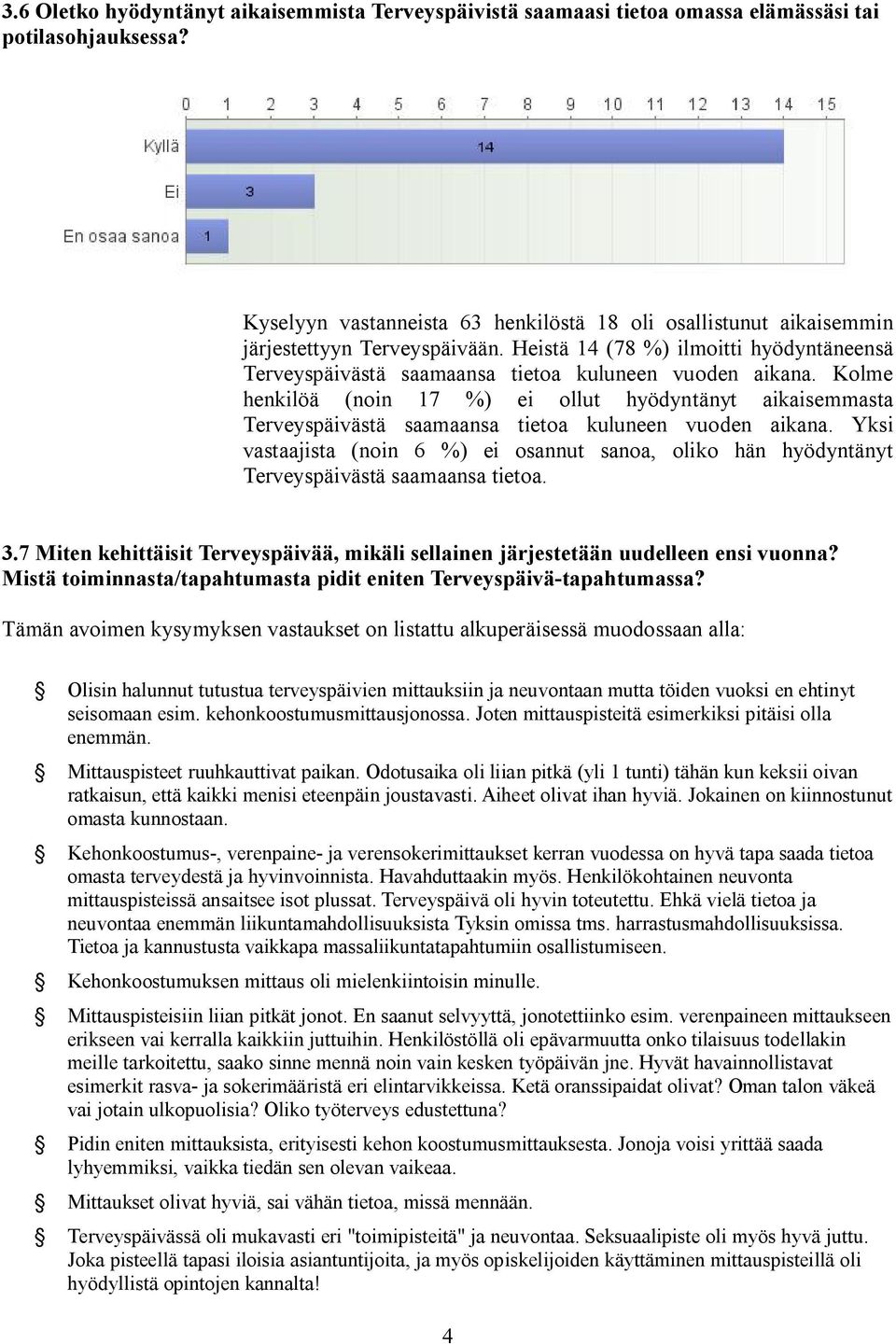 Kolme henkilöä (noin 17 %) ei ollut hyödyntänyt aikaisemmasta Terveyspäivästä saamaansa tietoa kuluneen vuoden aikana.