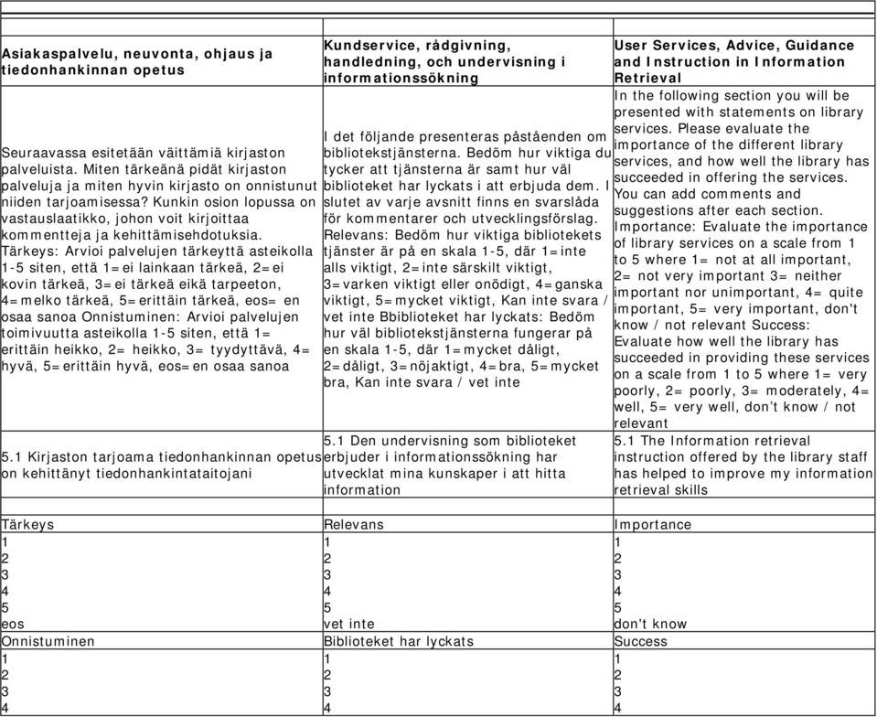 Tärkeys: Arvioi palvelujen tärkeyttä asteikolla - siten, että =ei lainkaan tärkeä, =ei kovin tärkeä, =ei tärkeä eikä tarpeeton, =melko tärkeä, =erittäin tärkeä, = en osaa sanoa Onnistuminen: Arvioi