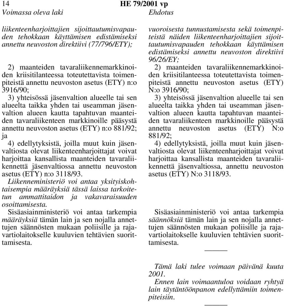 tapahtuvan maanteiden tavaraliikenteen markkinoille pääsystä annettu neuvoston asetus (ETY) n:o 881/92; ja 4) edellytyksistä, joilla muut kuin jäsenvaltiosta olevat liikenteenharjoittajat voivat