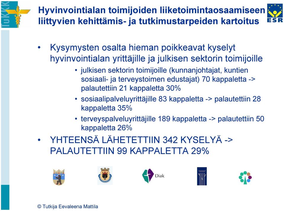 terveystoimen edustajat) 70 kappaletta -> palautettiin 21 kappaletta 30% sosiaalipalveluyrittäjille 83 kappaletta -> palautettiin 28