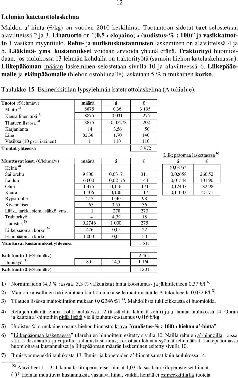 kustannukset voidaan arvioida yhtenä eränä. Traktorityö huomioidaan, jos taulukossa 13 lehmän kohdalla on traktorityötä (samoin hiehon katelaskelmassa).