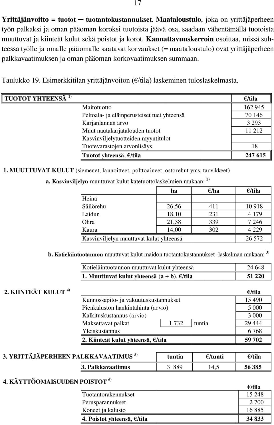 Kannattavuuskerroin osoittaa, missä suhteessa työlle ja omalle pääomalle saatavat korvaukset (= maataloustulo) ovat yrittäjäperheen palkkavaatimuksen ja oman pääoman korkovaatimuksen summaan.