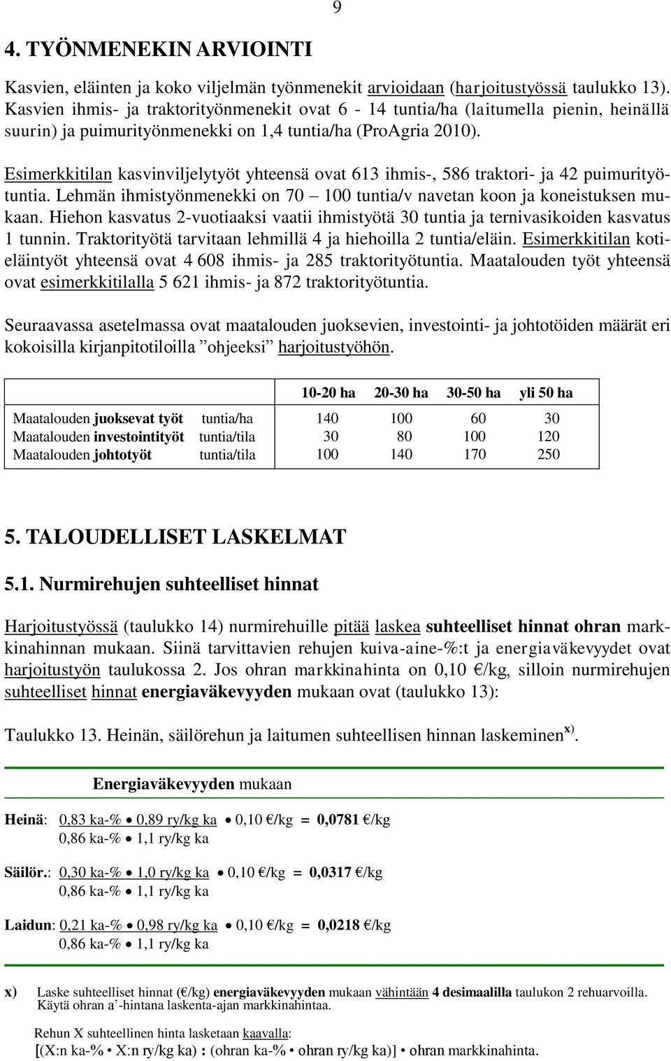 Esimerkkitilan kasvinviljelytyöt yhteensä ovat 613 ihmis-, 586 traktori- ja 42 puimurityötuntia. Lehmän ihmistyönmenekki on 70 100 tuntia/v navetan koon ja koneistuksen mukaan.