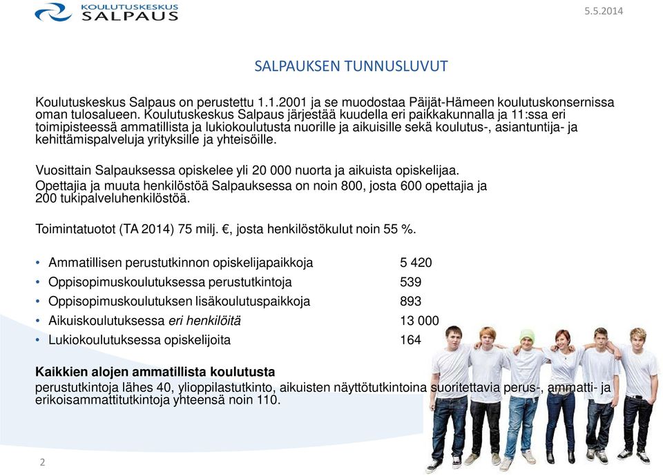 yrityksille ja yhteisöille. Vuosittain Salpauksessa opiskelee yli 20 000 nuorta ja aikuista opiskelijaa.