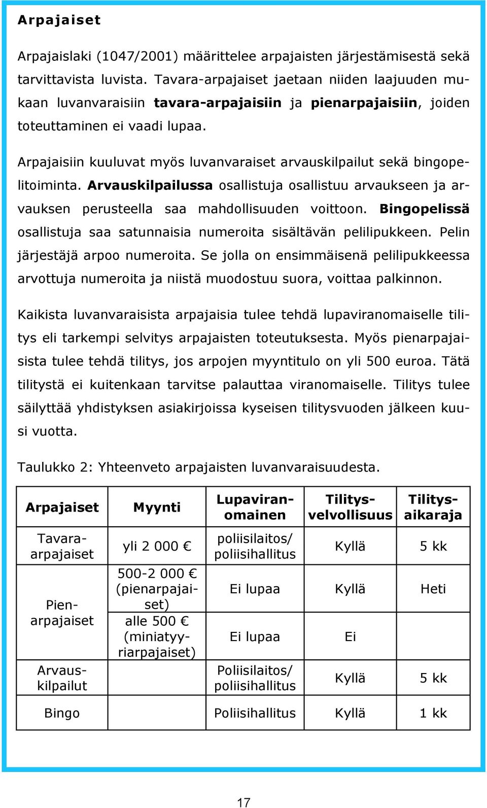 Arpajaisiin kuuluvat myös luvanvaraiset arvauskilpailut sekä bingopelitoiminta. Arvauskilpailussa osallistuja osallistuu arvaukseen ja arvauksen perusteella saa mahdollisuuden voittoon.