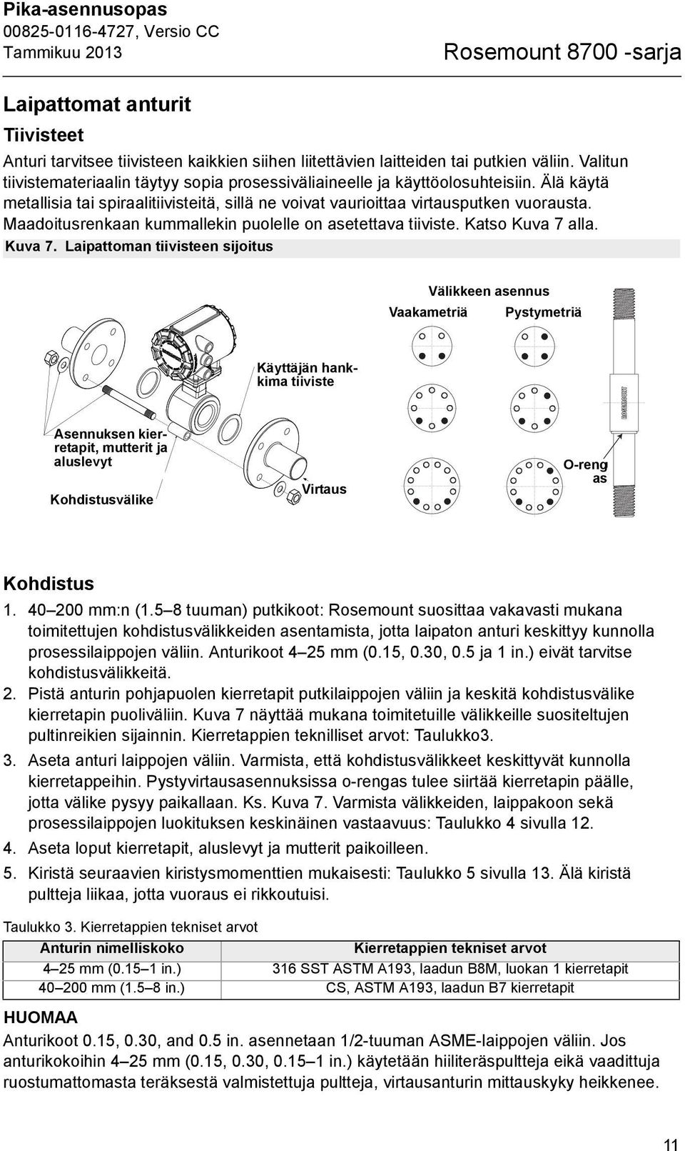 Maadoitusrenkaan kummallekin puolelle on asetettava tiiviste. Katso Kuva 7 