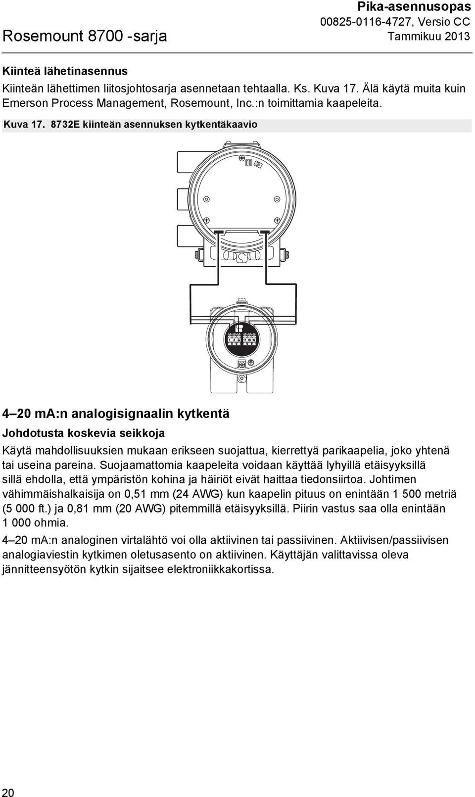 8732E kiinteän asennuksen kytkentäkaavio 4 20 ma:n analogisignaalin kytkentä Johdotusta koskevia seikkoja Käytä mahdollisuuksien mukaan erikseen suojattua, kierrettyä parikaapelia, joko yhtenä tai