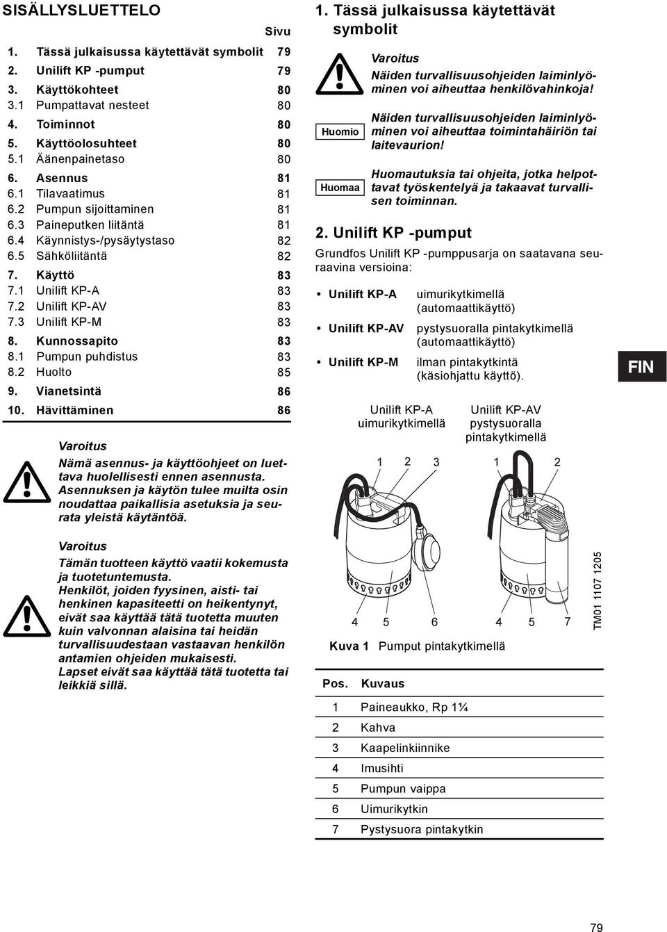 2 Unilift KP-AV 83 7.3 Unilift KP-M 83 8. Kunnossapito 83 8.1 Pumpun puhdistus 83 8.2 Huolto 85 9. Vianetsintä 86 10.