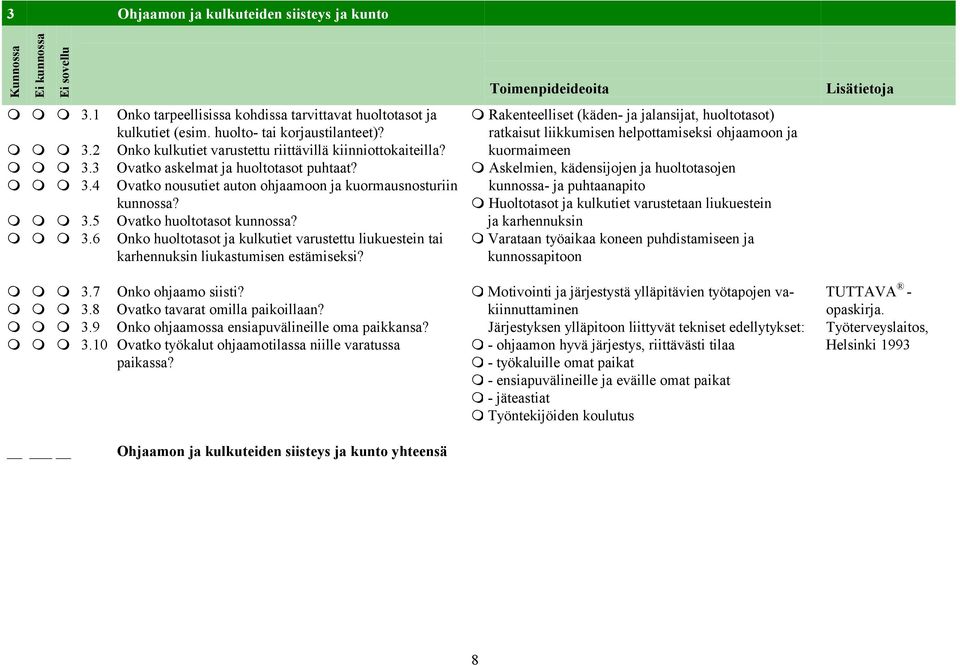 3 Ovatko askelmat ja huoltotasot puhtaat? ⓿ Askelmien, kädensijojen ja huoltotasojen ⓿ ⓿ ⓿ 3.4 Ovatko nousutiet auton ohjaamoon ja kuormausnosturiin kunnossa- ja puhtaanapito kunnossa?