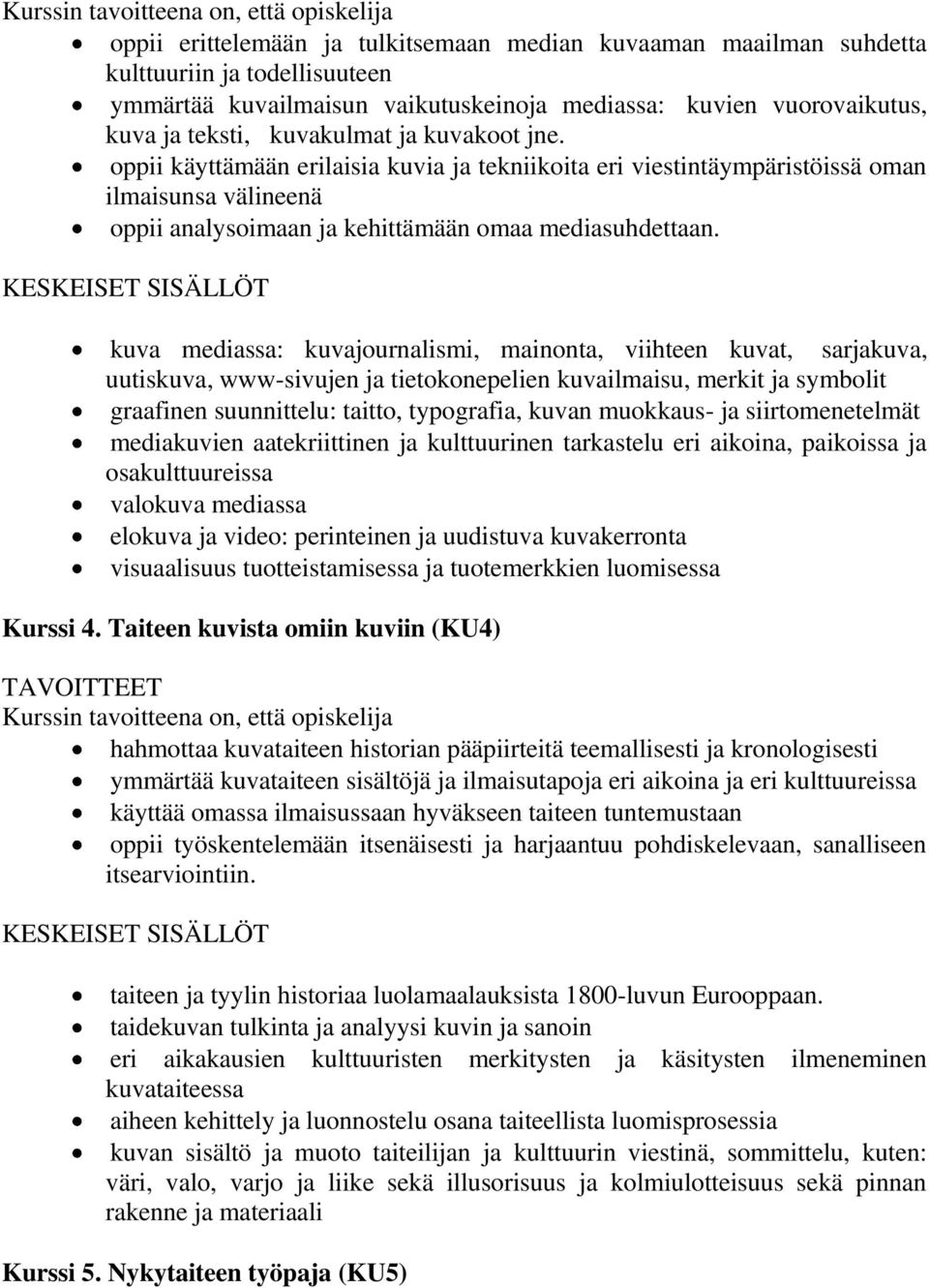 kuva mediassa: kuvajournalismi, mainonta, viihteen kuvat, sarjakuva, uutiskuva, www-sivujen ja tietokonepelien kuvailmaisu, merkit ja symbolit graafinen suunnittelu: taitto, typografia, kuvan