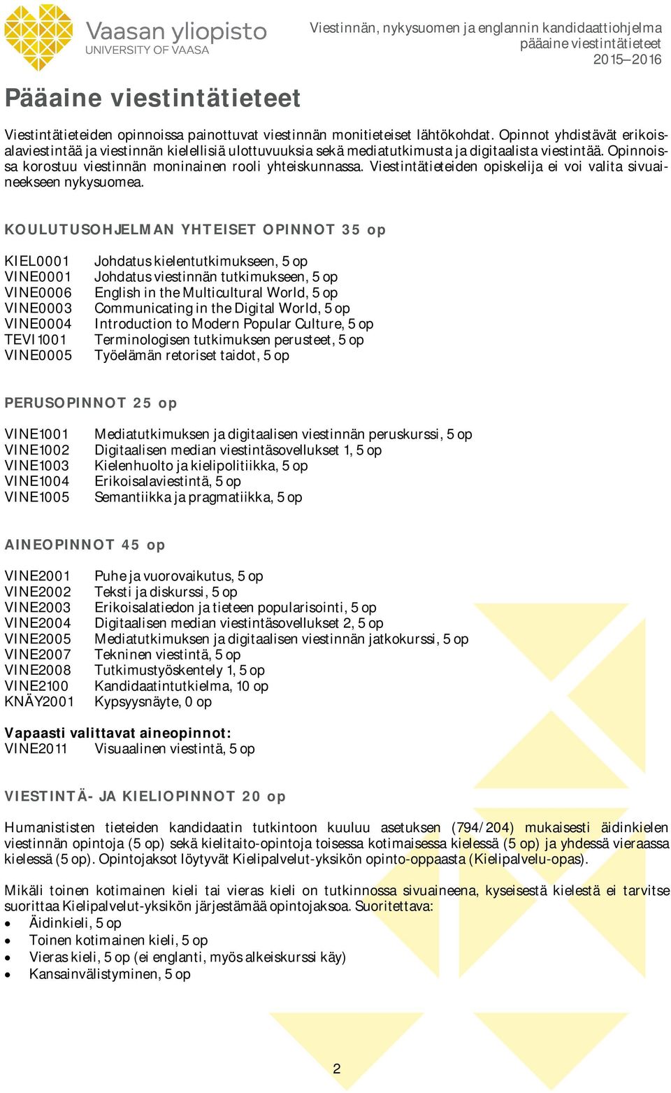 Viestintätieteiden opiskelija ei voi valita sivuaineekseen nykysuomea.