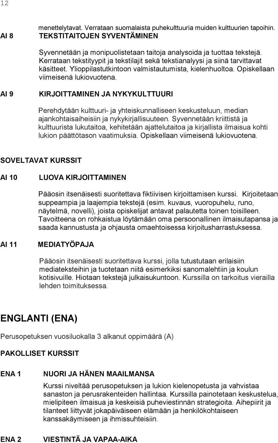 AI 9 KIRJOITTAMINEN JA NYKYKULTTUURI Perehdytään kulttuuri- ja yhteiskunnalliseen keskusteluun, median ajankohtaisaiheisiin ja nykykirjallisuuteen.