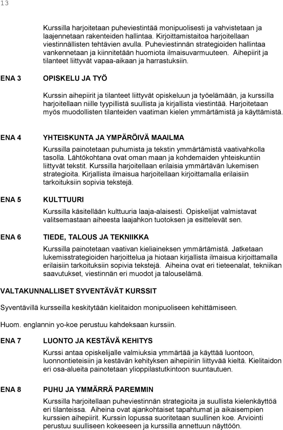 ENA 3 OPISKELU JA TYÖ Kurssin aihepiirit ja tilanteet liittyvät opiskeluun ja työelämään, ja kurssilla harjoitellaan niille tyypillistä suullista ja kirjallista viestintää.