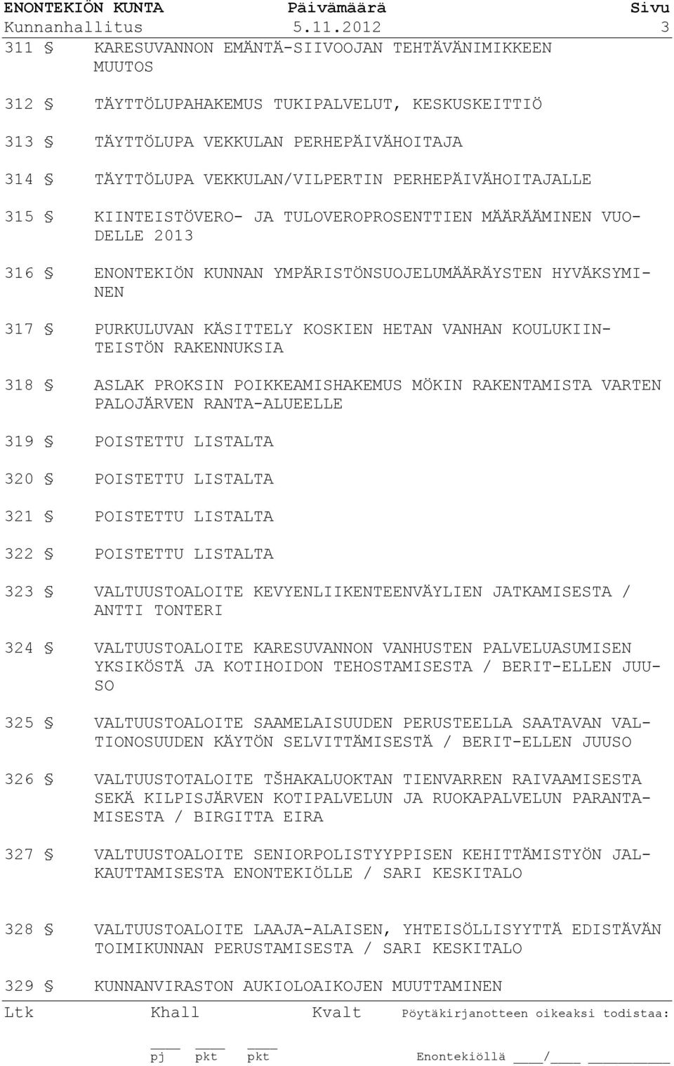 PERHEPÄIVÄHOITAJALLE 315 KIINTEISTÖVERO- JA TULOVEROPROSENTTIEN MÄÄRÄÄMINEN VUO- DELLE 2013 316 ENONTEKIÖN KUNNAN YMPÄRISTÖNSUOJELUMÄÄRÄYSTEN HYVÄKSYMI- NEN 317 PURKULUVAN KÄSITTELY KOSKIEN HETAN