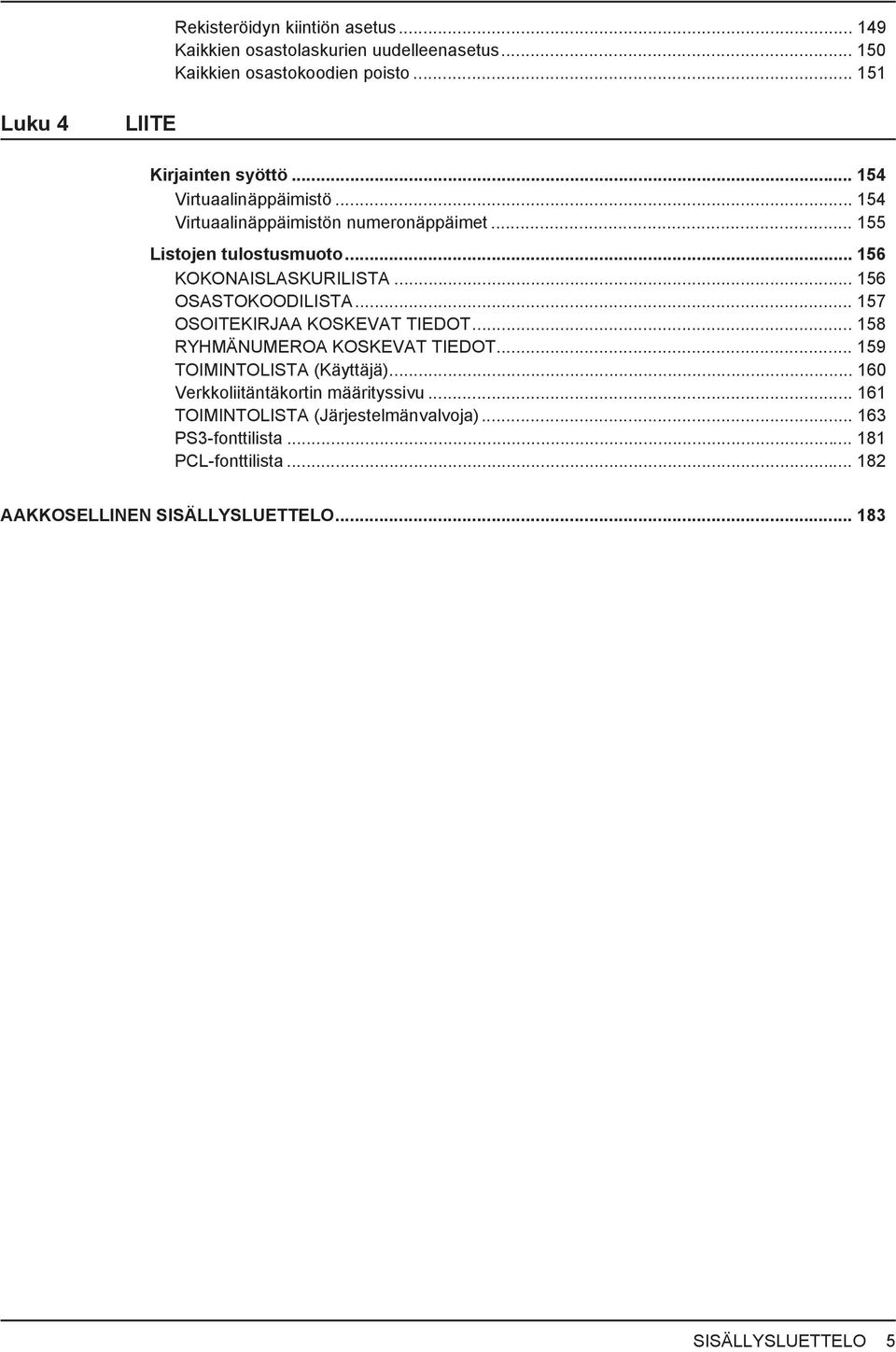 .. 156 OSASTOKOODILISTA... 157 OSOITEKIRJAA KOSKEVAT TIEDOT... 158 RYHMÄNUMEROA KOSKEVAT TIEDOT... 159 TOIMINTOLISTA (Käyttäjä).