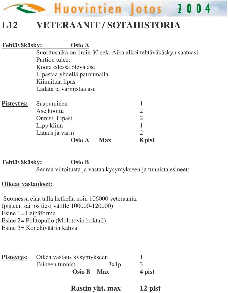 a yhdellä patruunalla Kiinnittää lipas Ladata ja varmistaa ase Pisteytys: Saapuminen 1 Ase koottu 2 Onnist. Lipast.