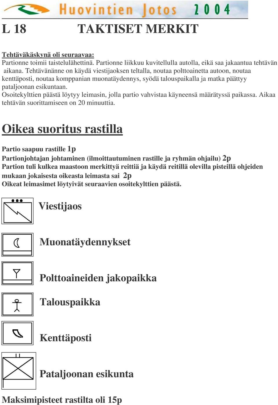 Osoitekylttien päästä löytyy leimasin, jolla partio vahvistaa käyneensä määrätyssä paikassa. Aikaa tehtävän suorittamiseen on 20 minuuttia.