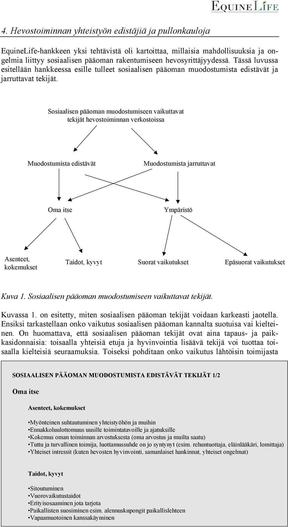 Sosiaalisen pääoman muodostumiseen vaikuttavat tekijät hevostoiminnan verkostoissa Muodostumista edistävät Muodostumista jarruttavat Oma itse Ympäristö Asenteet, kokemukset Taidot, kyvyt Suorat