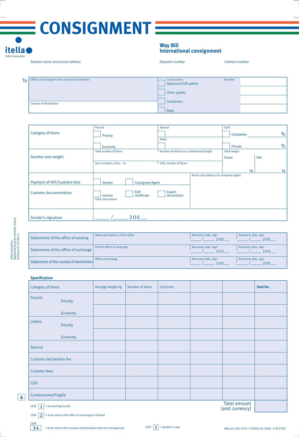 numbers, from to COD, number of items Name and address of consignee/agent Payment of VAT/Customs fees Sender Consignee/Agent Customs documentation Invoice Other documents EUR certificate Export