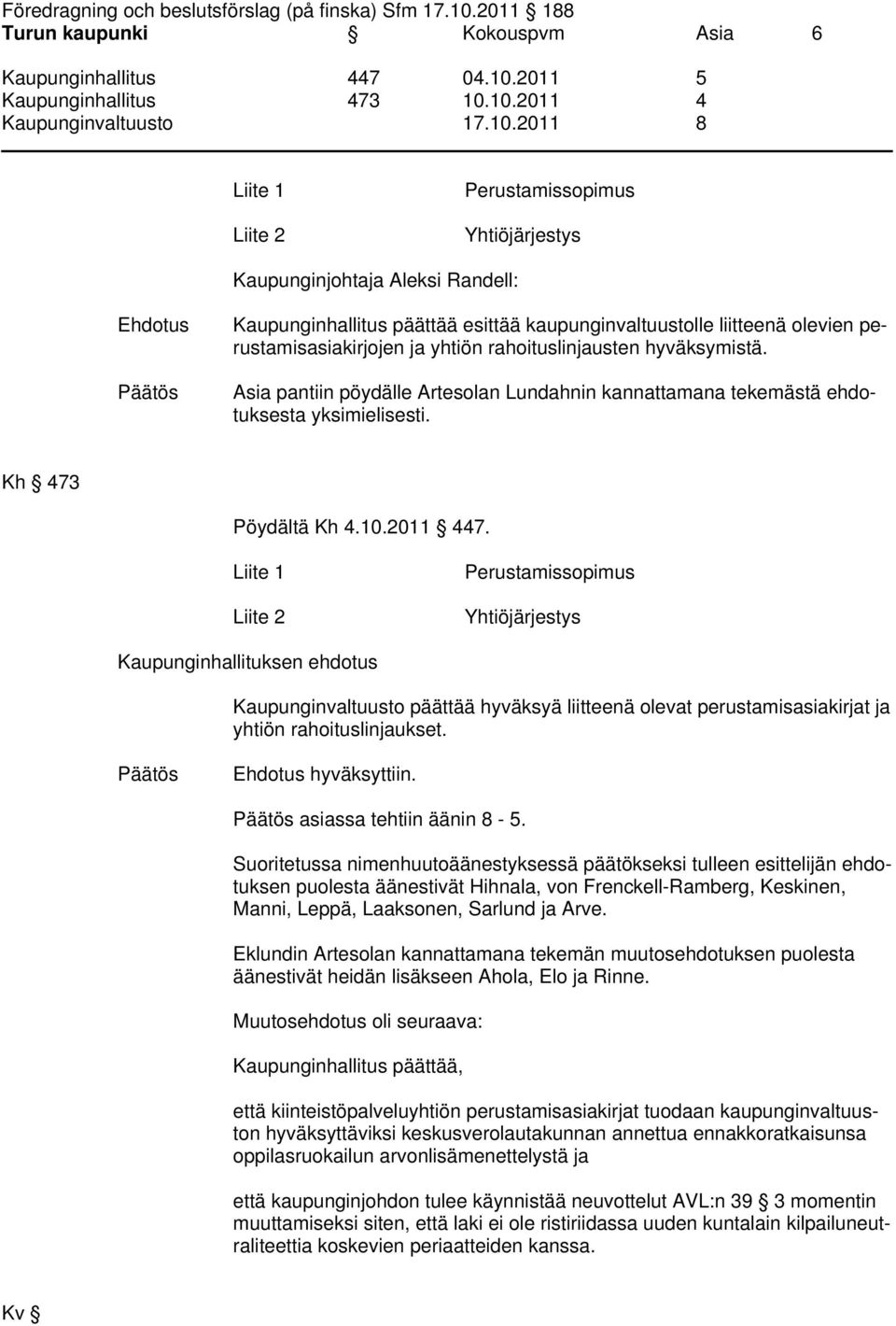 Kaupunginhallituksen ehdotus Kaupunginvaltuusto päättää hyväksyä liitteenä olevat perustamisasiakirjat ja yhtiön rahoituslinjaukset. Päätös Ehdotus hyväksyttiin. Päätös asiassa tehtiin äänin 8-5.