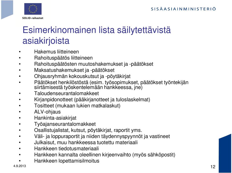 työsopimukset, päätökset työntekijän siirtämisestä työskentelemään hankkeessa, jne) Taloudenseurantalomakkeet Kirjanpidonotteet (pääkirjanotteet ja tuloslaskelmat) Tositteet (mukaan lukien