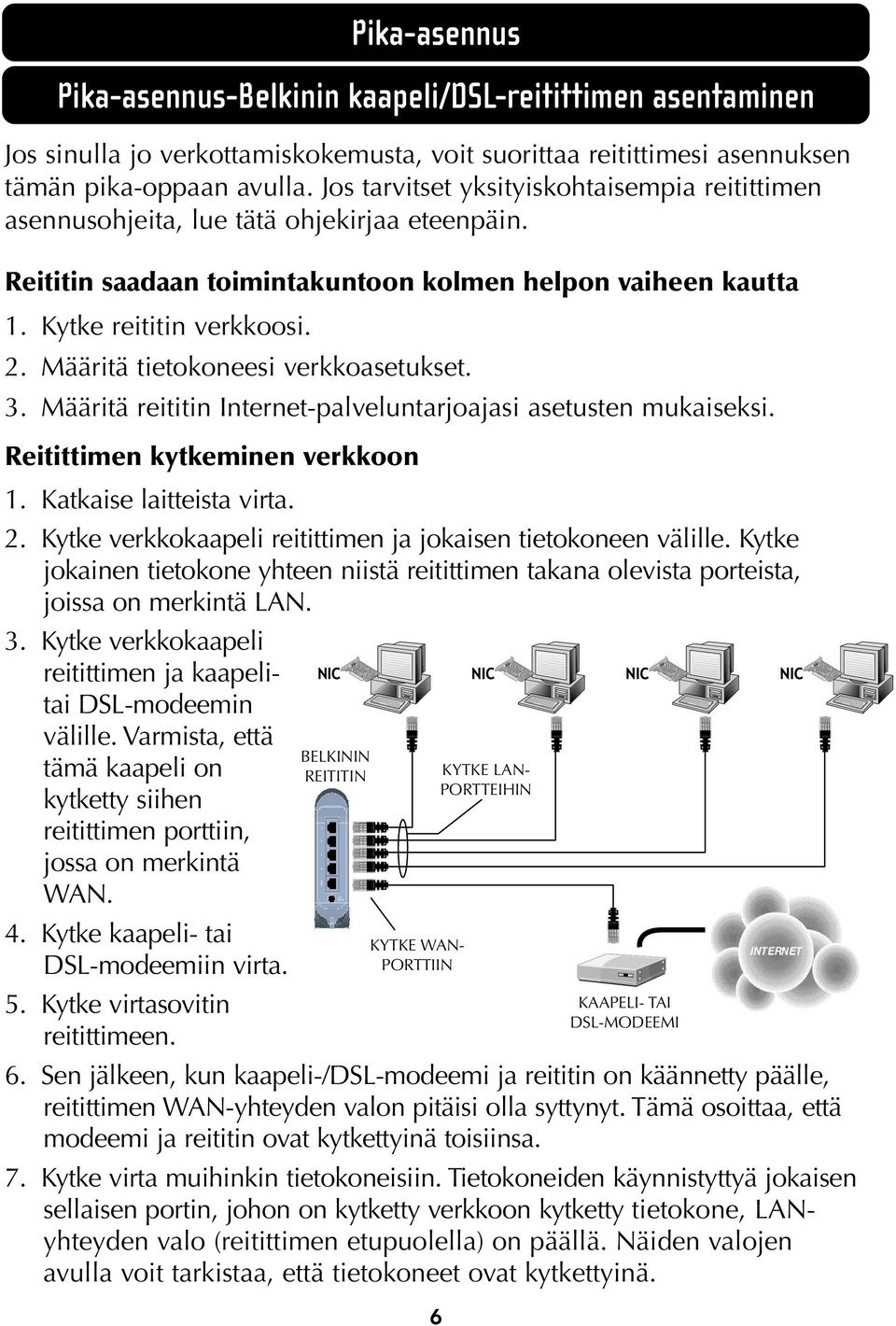 Määritä tietokoneesi verkkoasetukset. 3. Määritä reititin Internet-palveluntarjoajasi asetusten mukaiseksi. Reitittimen kytkeminen verkkoon 1. Katkaise laitteista virta. 2.