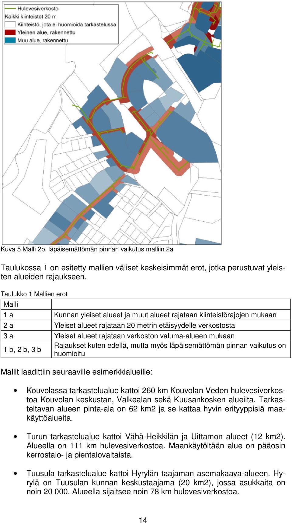 verkoston valuma-alueen mukaan 1 b, 2 b, 3 b Rajaukset kuten edellä, mutta myös läpäisemättömän pinnan vaikutus on huomioitu Mallit laadittiin seuraaville esimerkkialueille: Kouvolassa tarkastelualue