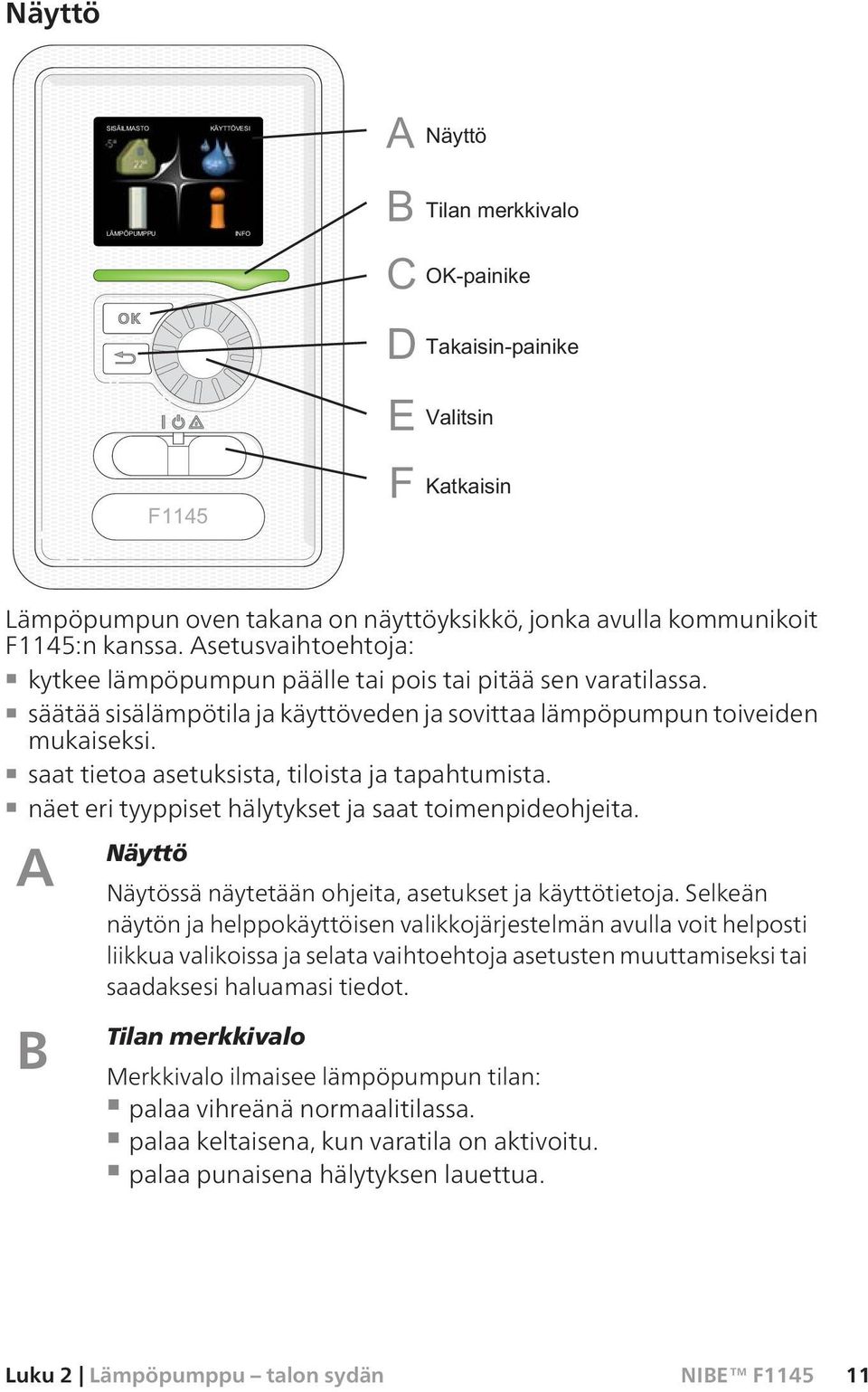 A Näyttö Näytössä näytetään ohjeita, asetukset ja käyttötietoja.