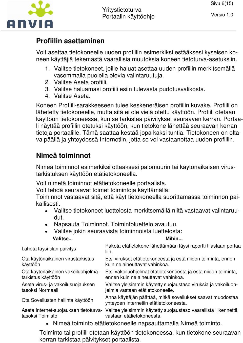 Valitse haluamasi profiili esiin tulevasta pudotusvalikosta. 4. Valitse Aseta. Koneen Profiili-sarakkeeseen tulee keskeneräisen profiilin kuvake.