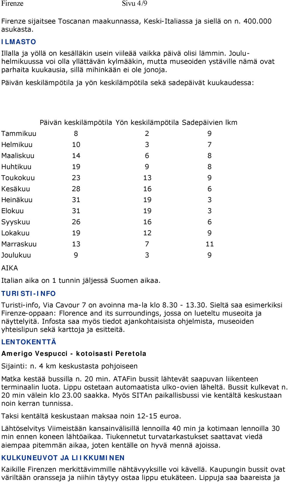 Päivän keskilämpötila ja yön keskilämpötila sekä sadepäivät kuukaudessa: Päivän keskilämpötila Yön keskilämpötila Sadepäivien lkm Tammikuu 8 2 9 Helmikuu 10 3 7 Maaliskuu 14 6 8 Huhtikuu 19 9 8