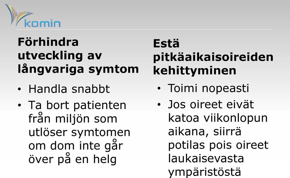 helg Estä pitkäaikaisoireiden kehittyminen Toimi nopeasti Jos oireet