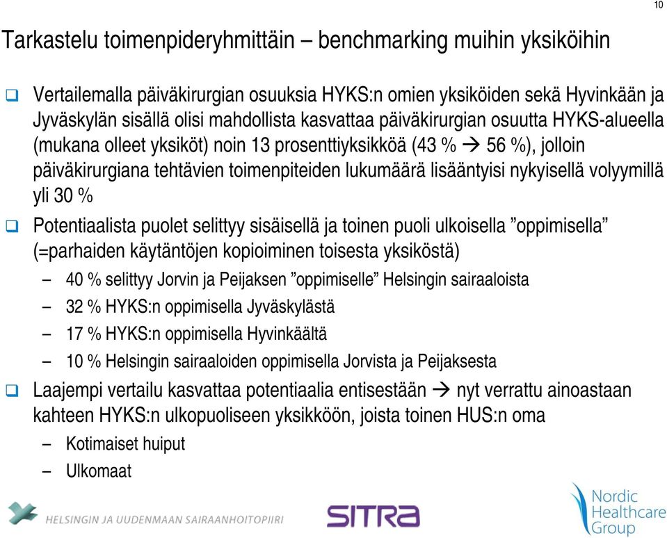 % Potentiaalista puolet selittyy sisäisellä ja toinen puoli ulkoisella oppimisella (=parhaiden käytäntöjen kopioiminen toisesta yksiköstä) 40 % selittyy Jorvin ja Peijaksen oppimiselle Helsingin