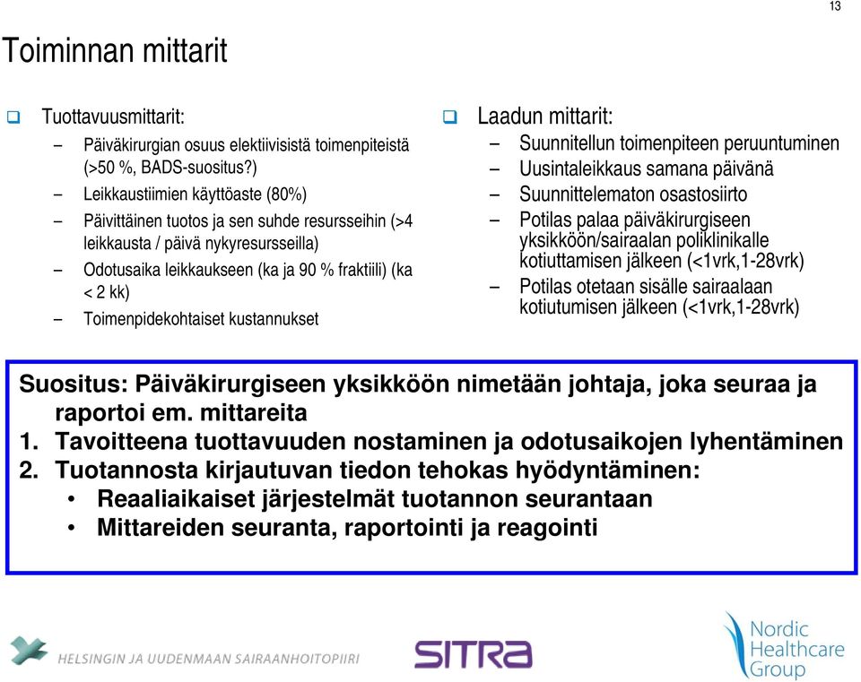 Toimenpidekohtaiset kustannukset Laadun mittarit: Suunnitellun toimenpiteen peruuntuminen Uusintaleikkaus samana päivänä Suunnittelematon osastosiirto Potilas palaa päiväkirurgiseen