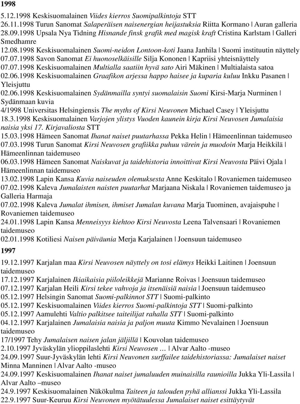 07.1998 Savon Sanomat Ei huonoselkäisille Silja Kononen Kapriisi yhteisnäyttely 07.07.1998 Keskisuomalainen Multialla saatiin hyvä sato Airi Mäkinen Multialaista satoa 02.06.