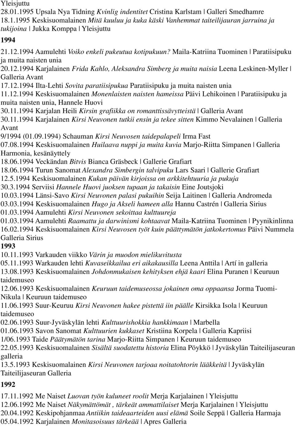 12.1994 Ilta-Lehti Sovita paratiisipukua Paratiisipuku ja muita naisten unia 11.12.1994 Keskisuomalainen Monenlaisten naisten hameissa Päivi Lehikoinen Paratiisipuku ja muita naisten unia, Hannele Huovi 30.