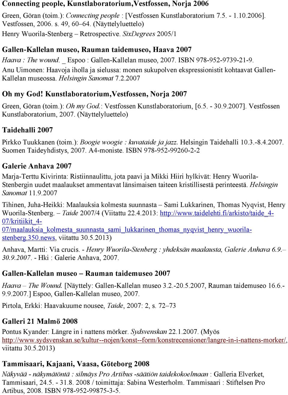 ISBN 978-952-9739-21-9. Anu Uimonen: Haavoja iholla ja sielussa: monen sukupolven ekspressionistit kohtaavat Gallen- Kallelan museossa. Helsingin Sanomat 7.2.2007 Oh my God!