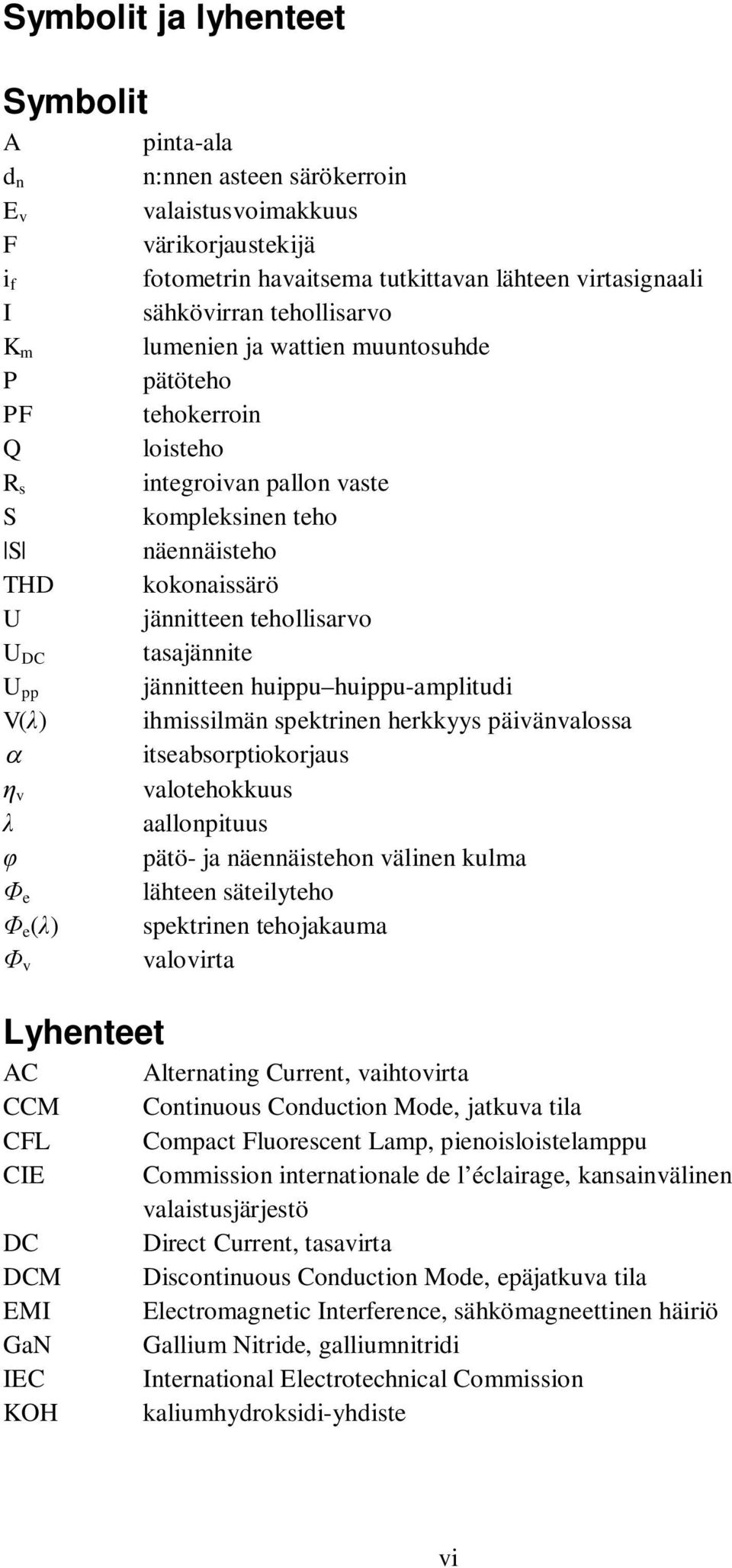 tasajännite U pp jännitteen huippu huippu-amplitudi V( ) ihmissilmän spektrinen herkkyys päivänvalossa itseabsorptiokorjaus v valotehokkuus aallonpituus pätö- ja näennäistehon välinen kulma e lähteen