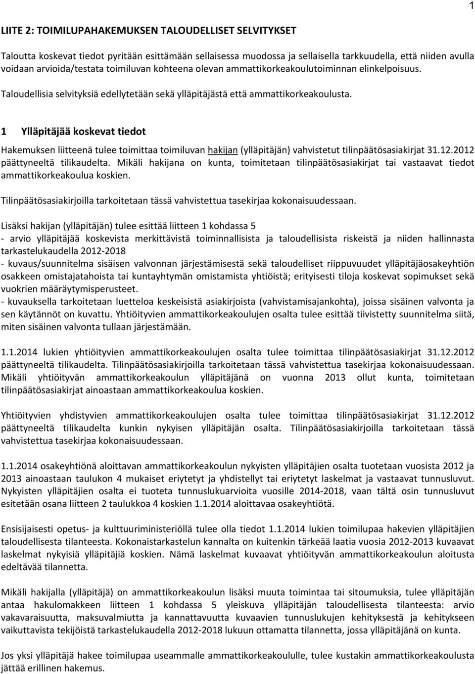 1 Ylläpitäjää koskevat tiedot Hakemuksen liitteenä tulee toimittaa toimiluvan hakijan (ylläpitäjän) vahvistetut tilinpäätösasiakirjat 31.12.2012 päättyneeltä tilikaudelta.