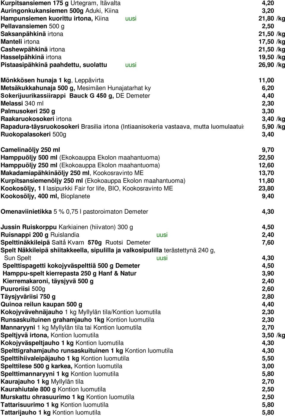 ky 6,20 Sokerijuurikassiirappi Bauck G 450 g, DE Demeter 4,40 Melassi 340 ml 2,30 Palmusokeri 250 g 3,30 Raakaruokosokeri irtona 3,40 Rapadura-täysruokosokeri Brasilia irtona (Intiaanisokeria