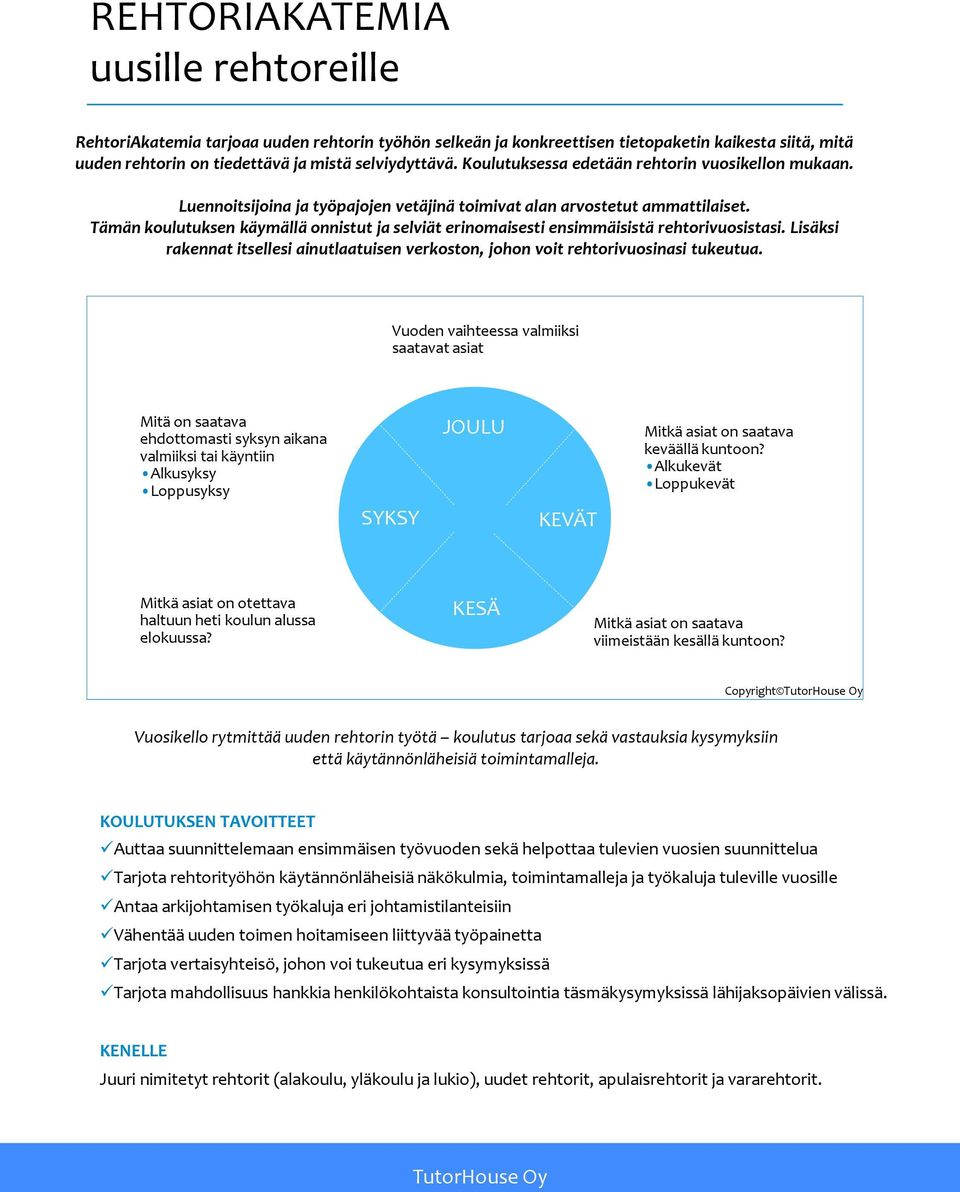 Tämän koulutuksen käymällä onnistut ja selviät erinomaisesti ensimmäisistä rehtorivuosistasi. Lisäksi rakennat itsellesi ainutlaatuisen verkoston, johon voit rehtorivuosinasi tukeutua.