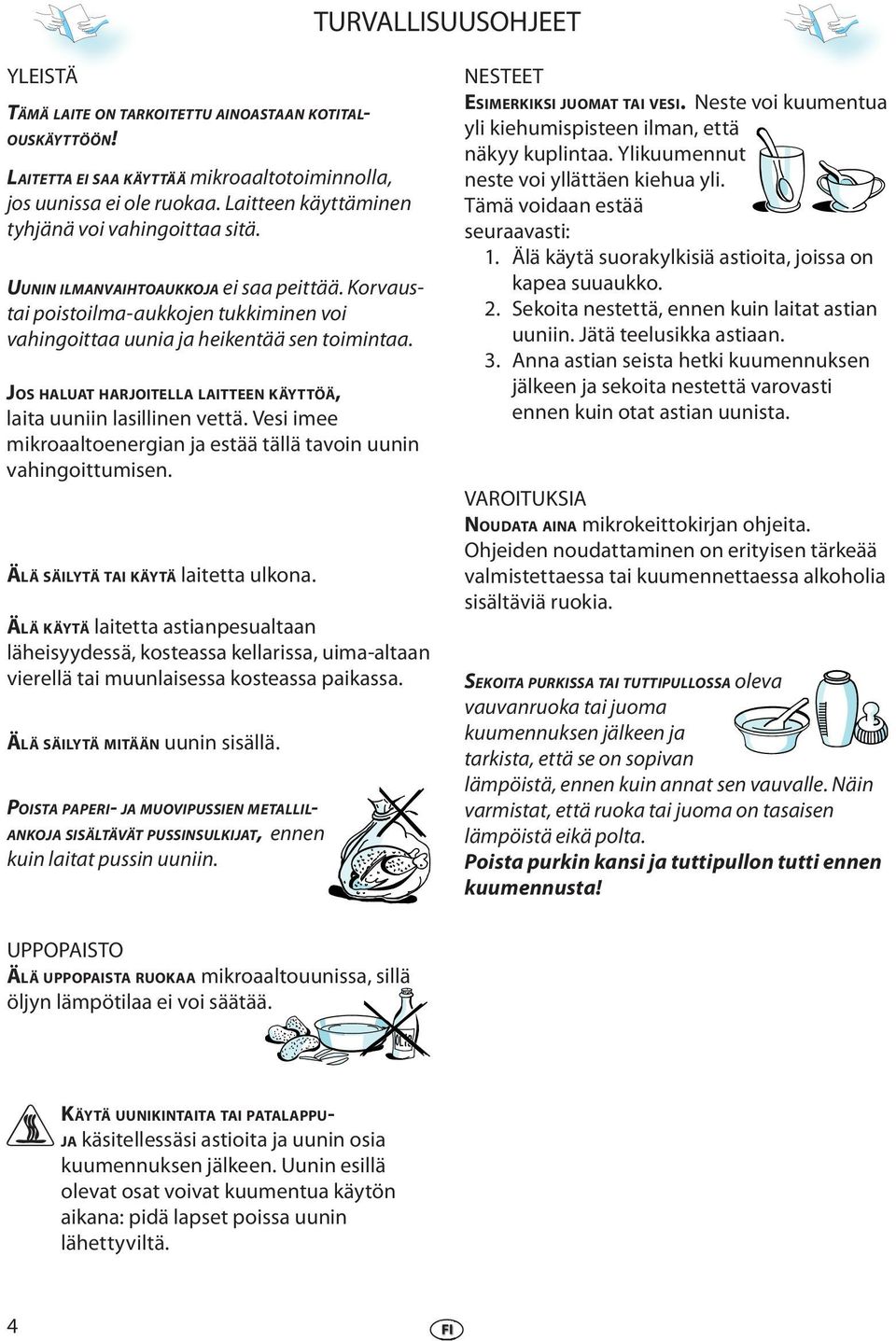 JOS HALUAT HARJOITELLA LAITTEEN KÄYTTÖÄ, laita uuniin lasillinn vttä. Vsi im mikroaaltonrgian ja stää tällä tavoin uunin vahingoittumisn. ÄLÄ SÄILYTÄ TAI KÄYTÄ laittta ulkona.