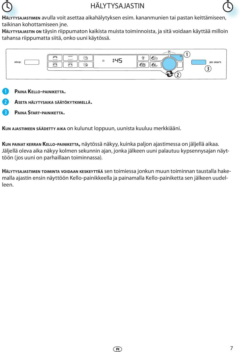 ASETA HÄLYTYSAIKA SÄÄTÖKYTKIMELLÄ. PAINA START-PAINIKETTA. KUN AJASTIMEEN SÄÄDETTY AIKA on kulunut loppuun, uunista kuuluu mrkkiääni.
