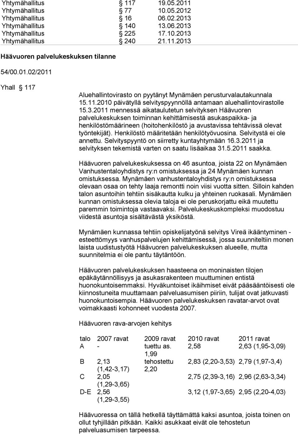 2011 mennessä aikataulutetun selvityksen Häävuoren palvelukeskuksen toiminnan kehittämisestä asukaspaikka- ja henkilöstömäärineen (hoitohenkilöstö ja avustavissa tehtävissä olevat työntekijät).