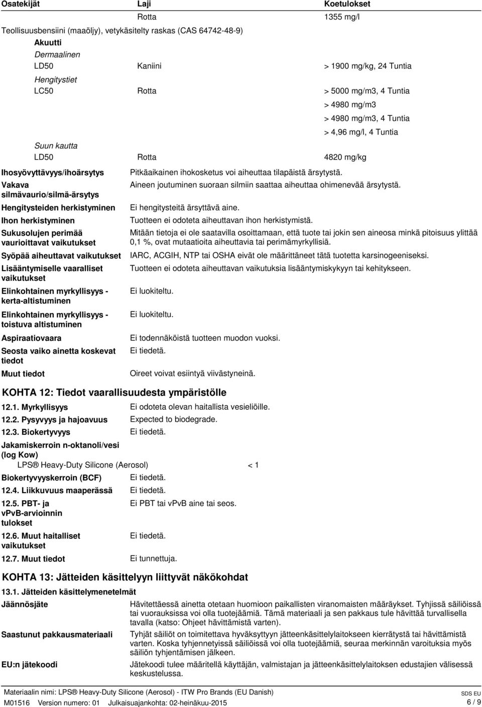 toistuva altistuminen Aspiraatiovaara Seosta vaiko ainetta koskevat tiedot Muut tiedot Kaniini Rotta Rotta Koetulokset 1355 mg/l Pitkäaikainen ihokosketus voi aiheuttaa tilapäistä ärsytystä.