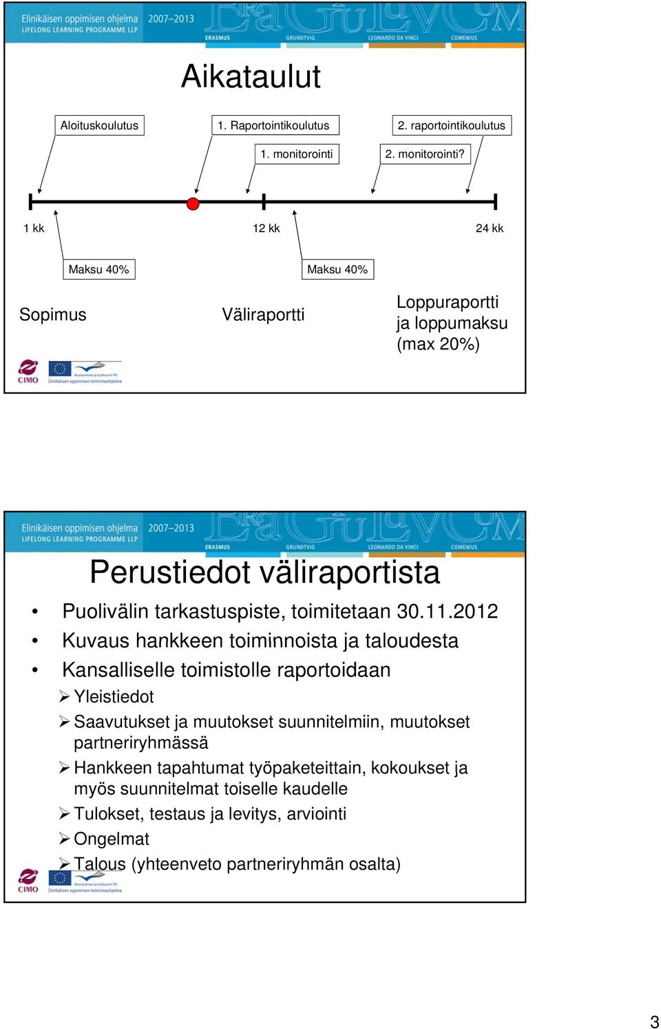 1 kk 12 kk 24 kk Maksu 40% Maksu 40% Sopimus Väliraportti Loppuraportti ja loppumaksu (max 20%) Perustiedot väliraportista Puolivälin tarkastuspiste,