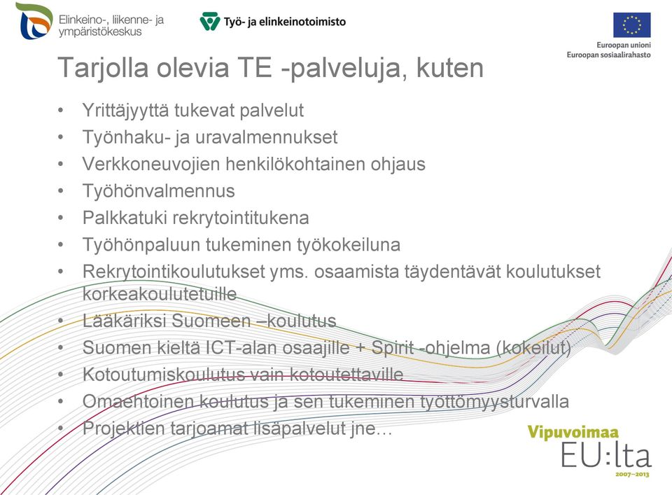 osaamista täydentävät koulutukset korkeakoulutetuille Lääkäriksi Suomeen koulutus Suomen kieltä ICT-alan osaajille + Spirit