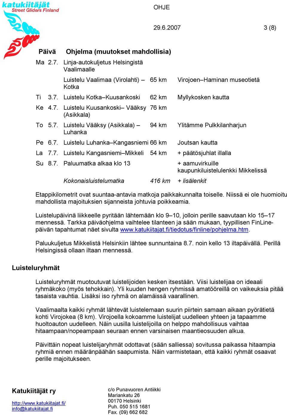 7. Paluumatka alkaa klo 13 Kokonaisluistelumatka 416 km + lisälenkit + aamuvirkuille kaupunkiluistelulenkki Mikkelissä Etappikilometrit ovat suuntaa-antavia matkoja paikkakunnalta toiselle.