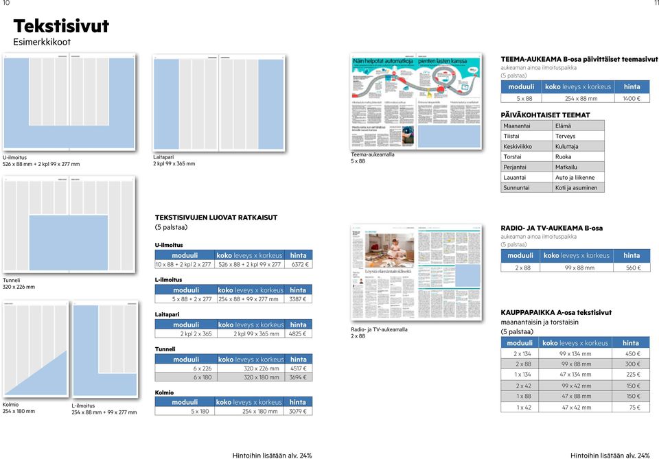 TEKSTISIVUJEN LUOVAT RATKAISut U-ilmoitus 10 x 88 + 2 kpl 2 x 277 526 x 88 + 2 kpl 99 x 277 6372 RADIO- JA TV-AUKEAMA B-osa aukeaman ainoa ilmoituspaikka 2 x 88 99 x 88 mm 560 Tunneli 320 x 226 mm